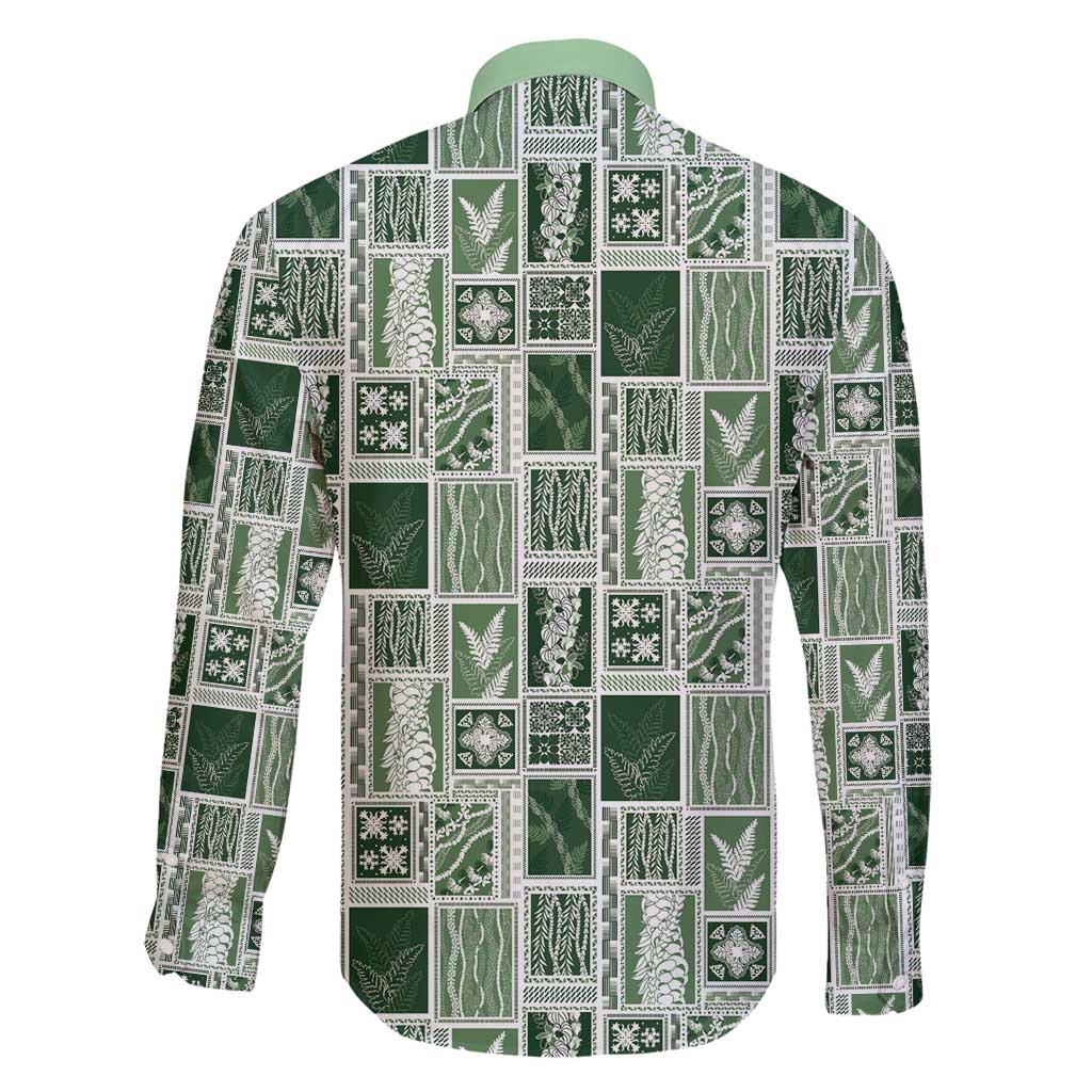 Vintage Aloha Block Quilt Family Matching Long Sleeve Bodycon Dress and Hawaiian Shirt Green Inspired Lei Motifs - Polynesian Pride