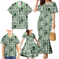 Vintage Aloha Block Quilt Family Matching Mermaid Dress and Hawaiian Shirt Green Inspired Lei Motifs - Polynesian Pride