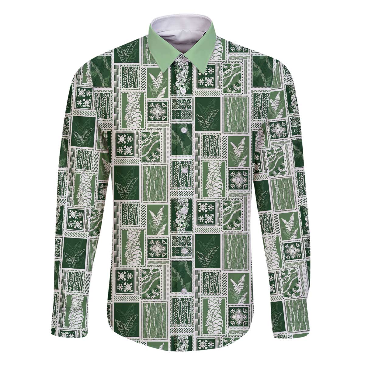 Vintage Aloha Block Quilt Family Matching Off The Shoulder Long Sleeve Dress and Hawaiian Shirt Green Inspired Lei Motifs - Polynesian Pride
