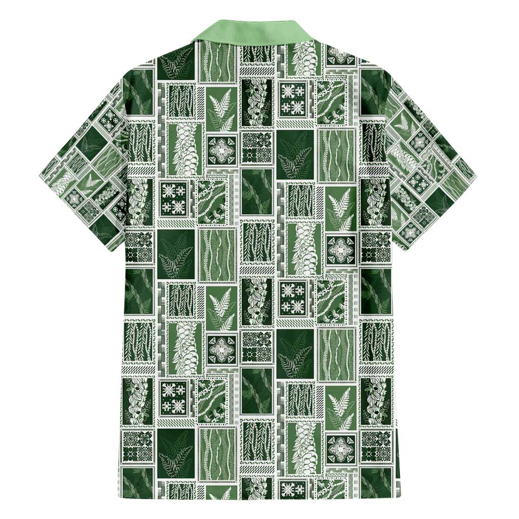 Vintage Aloha Block Quilt Family Matching Off Shoulder Maxi Dress and Hawaiian Shirt Green Inspired Lei Motifs - Polynesian Pride