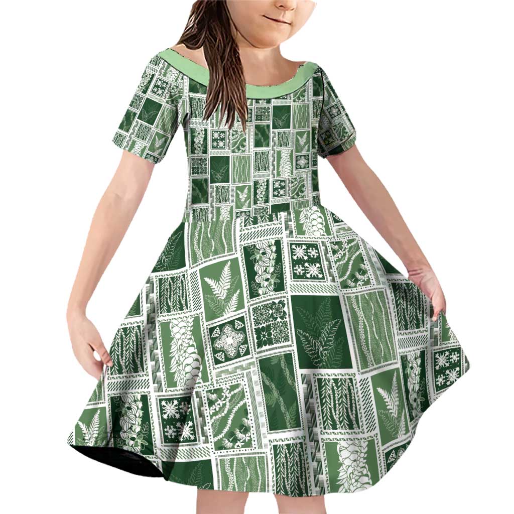 Vintage Aloha Block Quilt Family Matching Off Shoulder Short Dress and Hawaiian Shirt Green Inspired Lei Motifs - Polynesian Pride