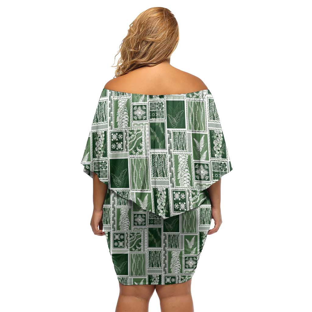 Vintage Aloha Block Quilt Family Matching Off Shoulder Short Dress and Hawaiian Shirt Green Inspired Lei Motifs - Polynesian Pride