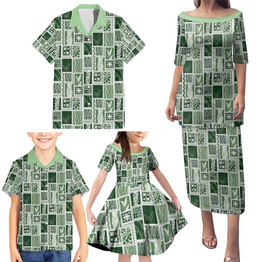Vintage Aloha Block Quilt Family Matching Puletasi and Hawaiian Shirt Green Inspired Lei Motifs - Polynesian Pride