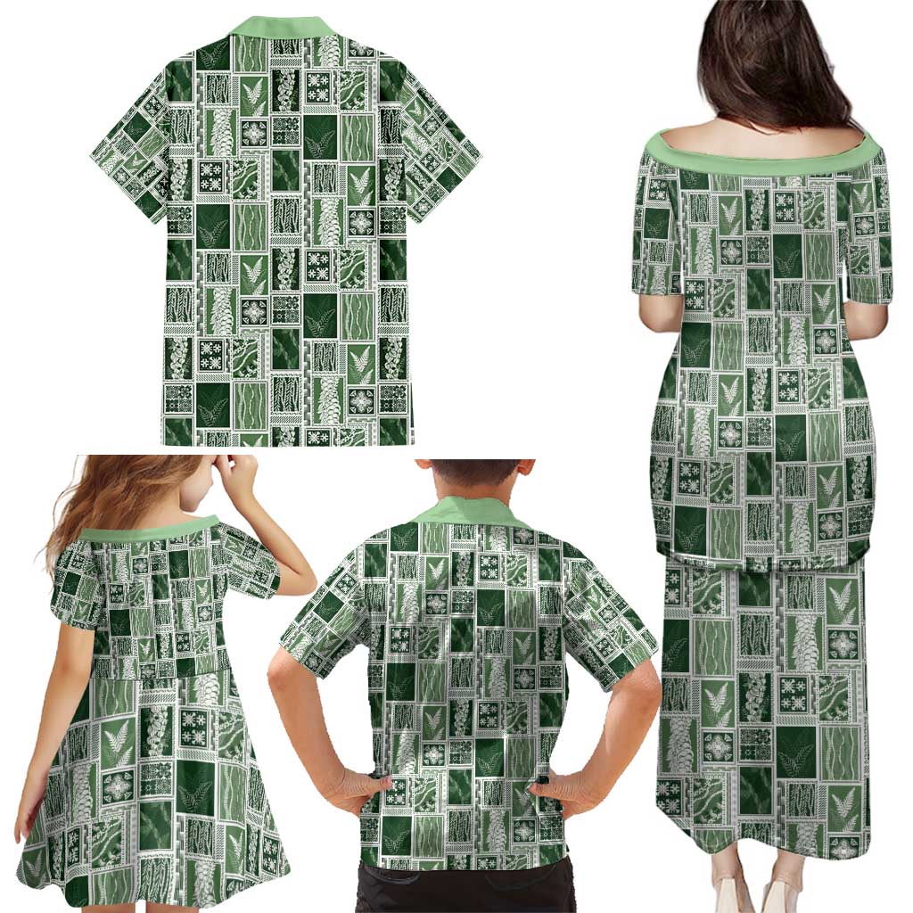 Vintage Aloha Block Quilt Family Matching Puletasi and Hawaiian Shirt Green Inspired Lei Motifs - Polynesian Pride