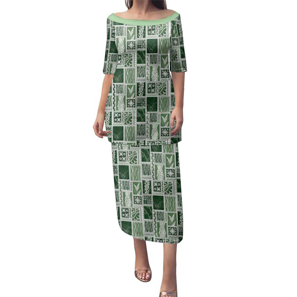 Vintage Aloha Block Quilt Family Matching Puletasi and Hawaiian Shirt Green Inspired Lei Motifs - Polynesian Pride