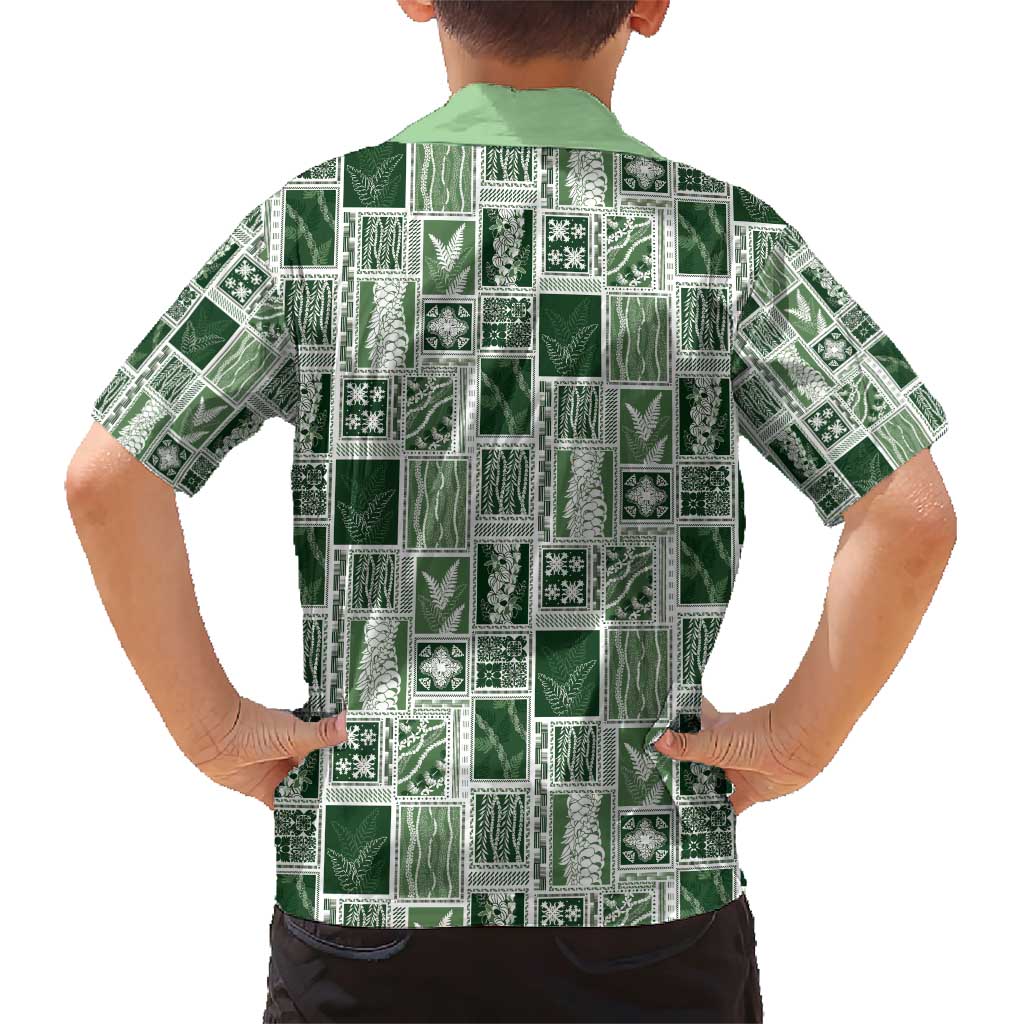 Vintage Aloha Block Quilt Family Matching Short Sleeve Bodycon Dress and Hawaiian Shirt Green Inspired Lei Motifs - Polynesian Pride