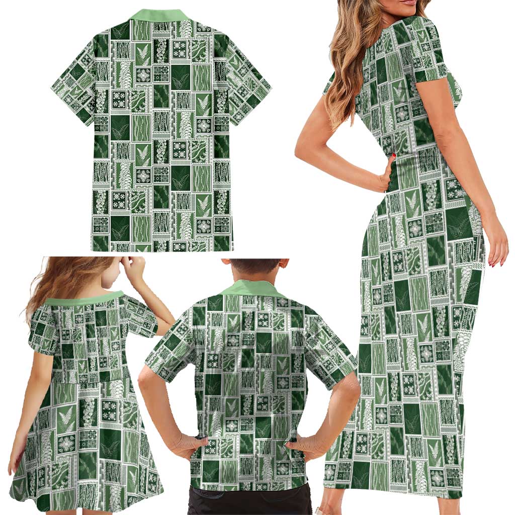 Vintage Aloha Block Quilt Family Matching Short Sleeve Bodycon Dress and Hawaiian Shirt Green Inspired Lei Motifs - Polynesian Pride