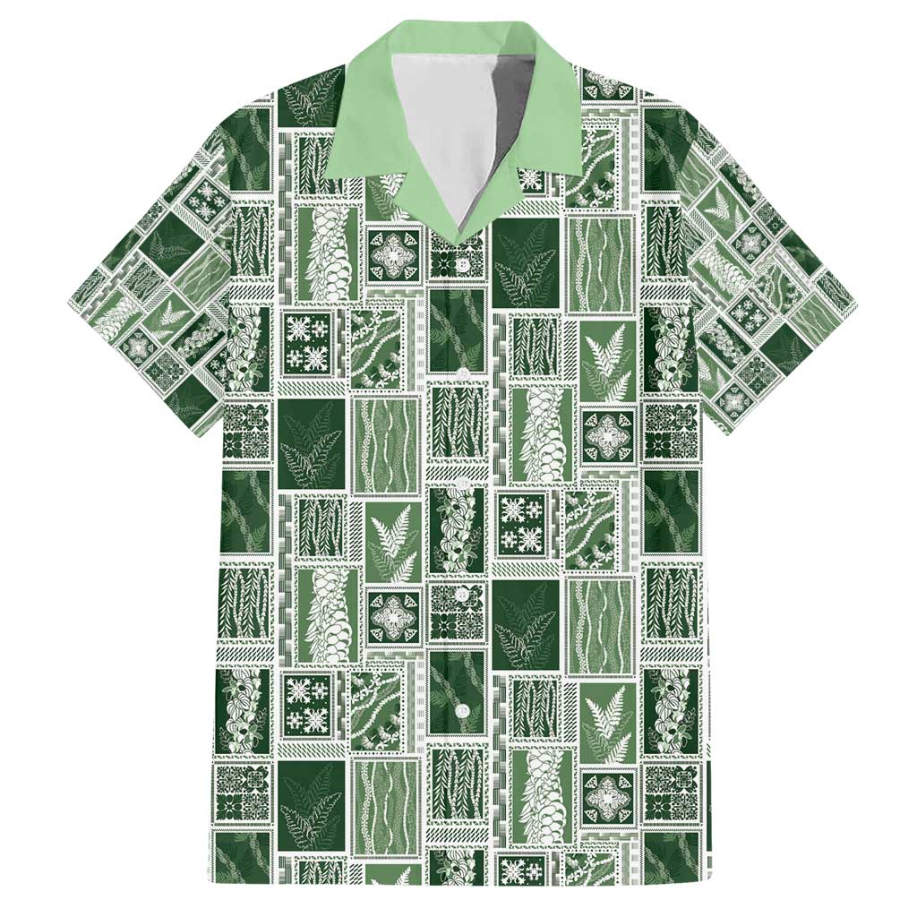 Vintage Aloha Block Quilt Family Matching Short Sleeve Bodycon Dress and Hawaiian Shirt Green Inspired Lei Motifs - Polynesian Pride