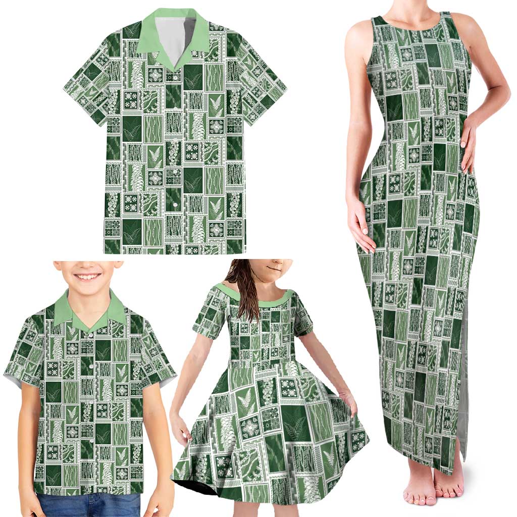 Vintage Aloha Block Quilt Family Matching Tank Maxi Dress and Hawaiian Shirt Green Inspired Lei Motifs - Polynesian Pride