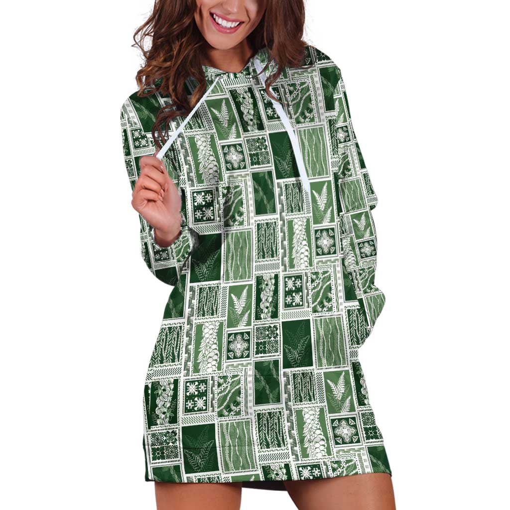 Vintage Aloha Block Quilt Hoodie Dress Green Inspired Lei Motifs - Polynesian Pride