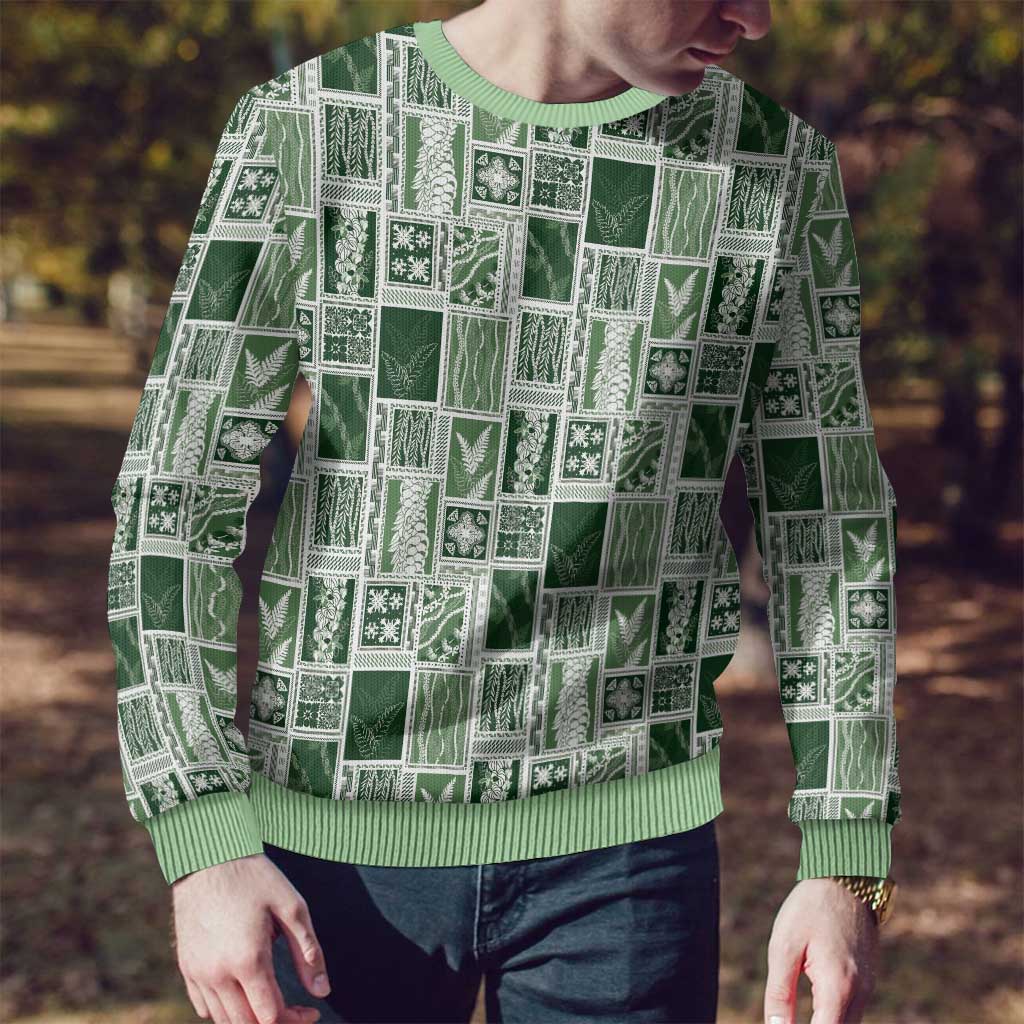 Vintage Aloha Block Quilt Ugly Christmas Sweater Green Inspired Lei Motifs - Polynesian Pride