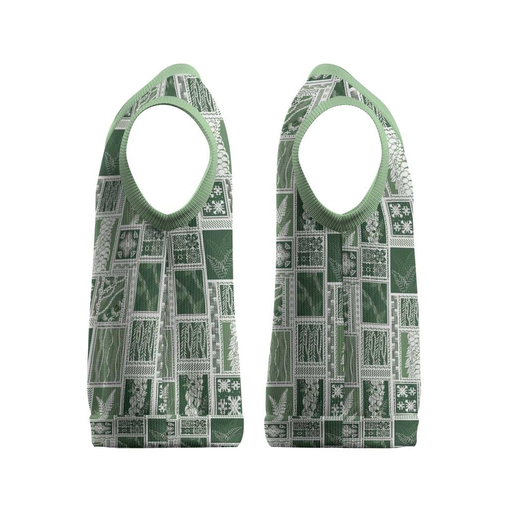 Vintage Aloha Block Quilt Christmas Knitted V-Neck Vest Green Inspired Lei Motifs - Polynesian Pride