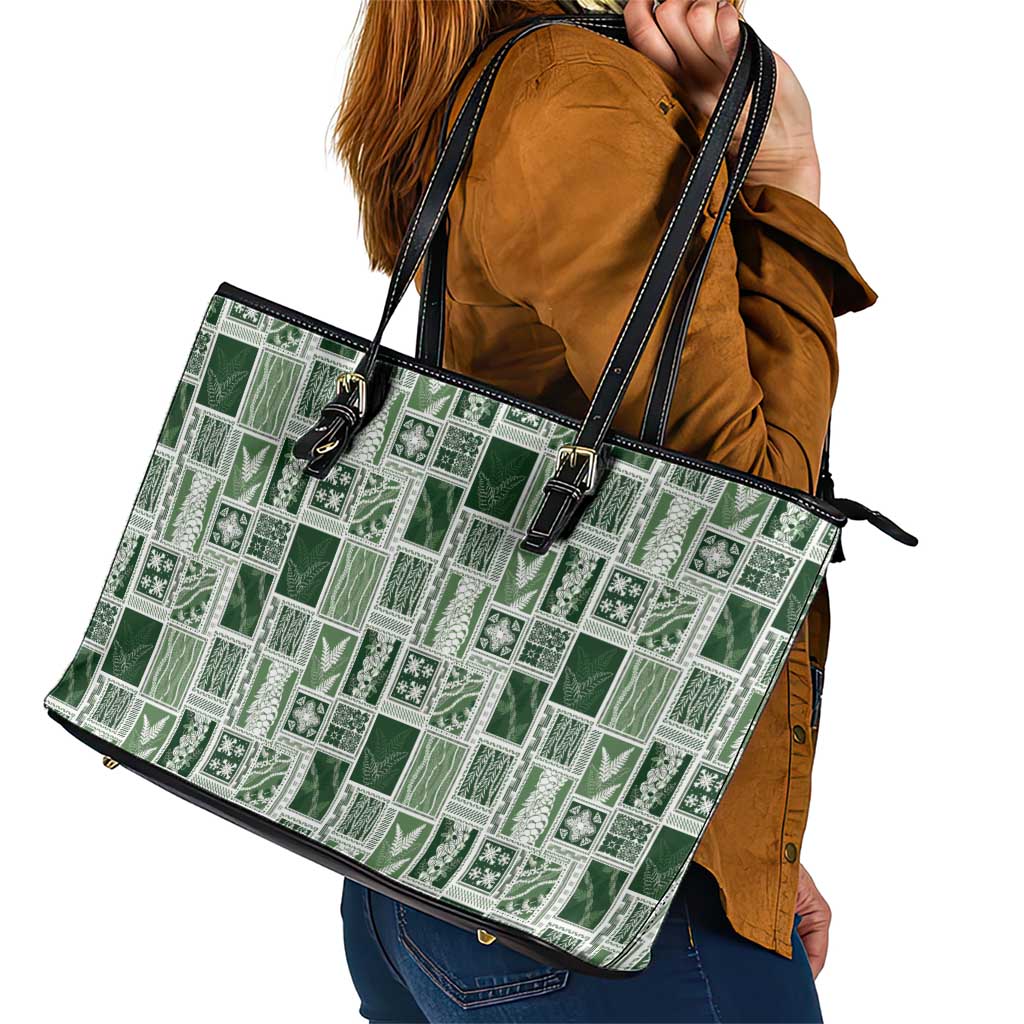 Vintage Aloha Block Quilt Leather Tote Bag Green Inspired Lei Motifs - Polynesian Pride