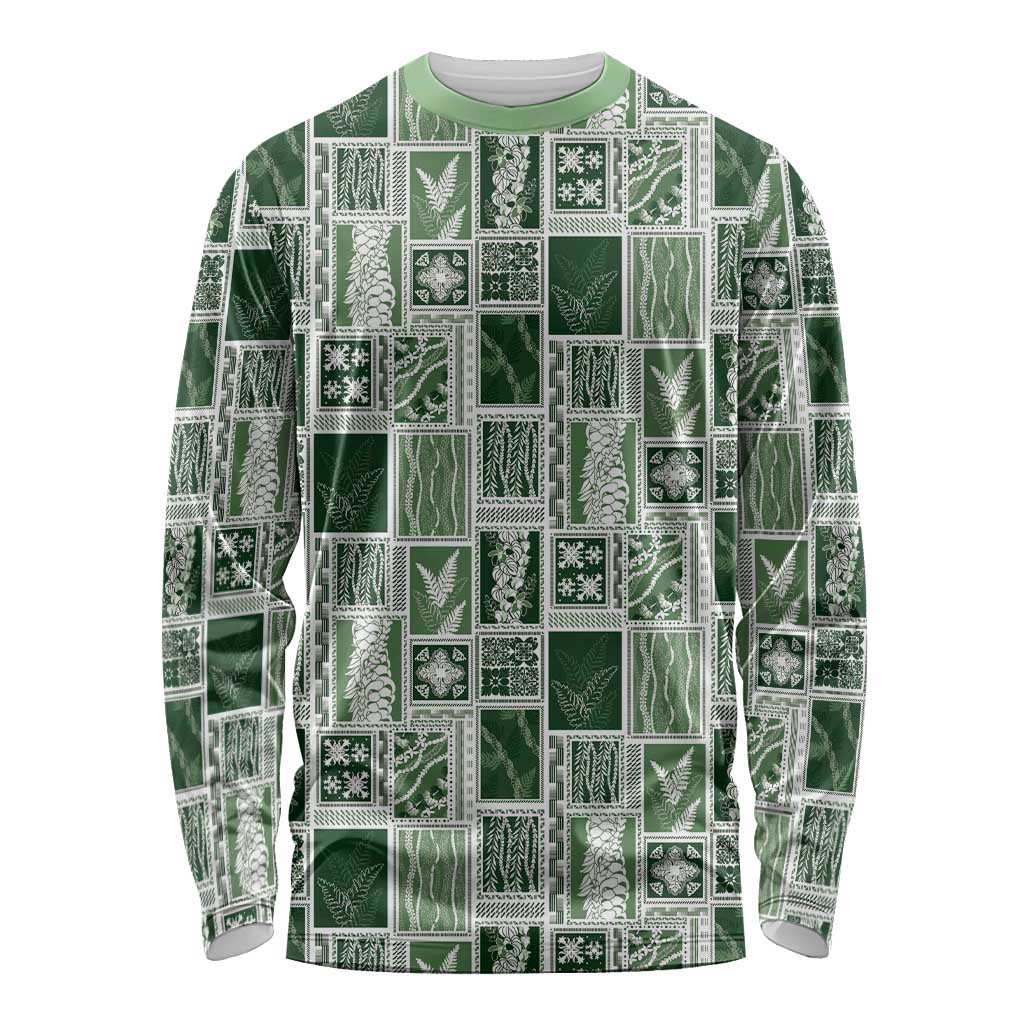 Vintage Aloha Block Quilt Long Sleeve Shirt Green Inspired Lei Motifs LT9 Unisex Green - Polynesian Pride
