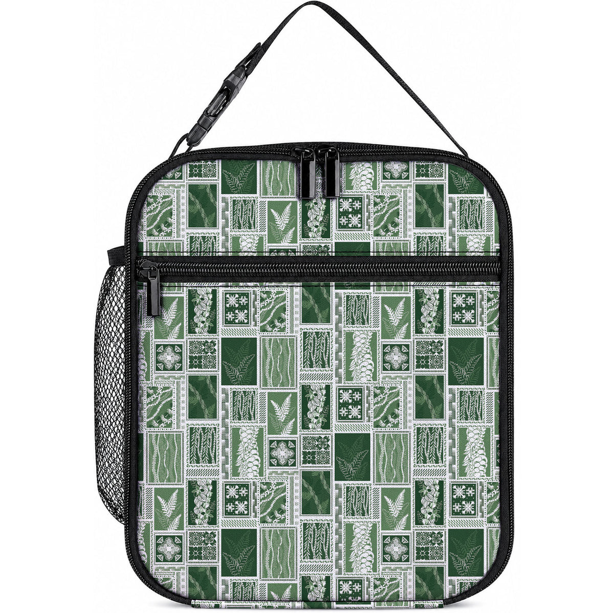 Vintage Aloha Block Quilt Lunch Bag Green Inspired Lei Motifs LT9 10.2 × 8.3 × 4.3 inch Green - Polynesian Pride