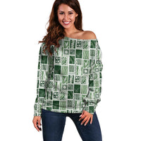 Vintage Aloha Block Quilt Off Shoulder Sweater Green Inspired Lei Motifs LT9 Women Green - Polynesian Pride