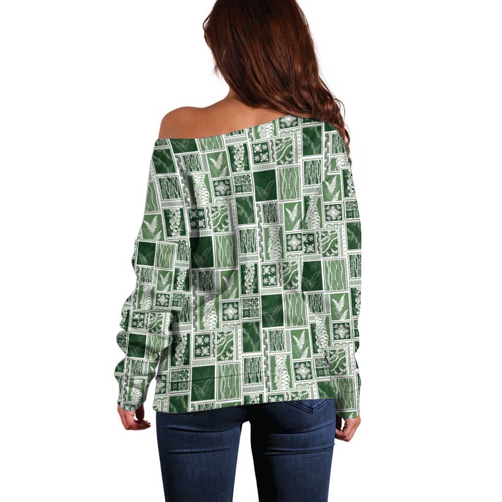 Vintage Aloha Block Quilt Off Shoulder Sweater Green Inspired Lei Motifs LT9 - Polynesian Pride