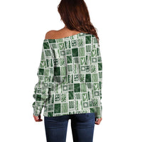 Vintage Aloha Block Quilt Off Shoulder Sweater Green Inspired Lei Motifs LT9 - Polynesian Pride