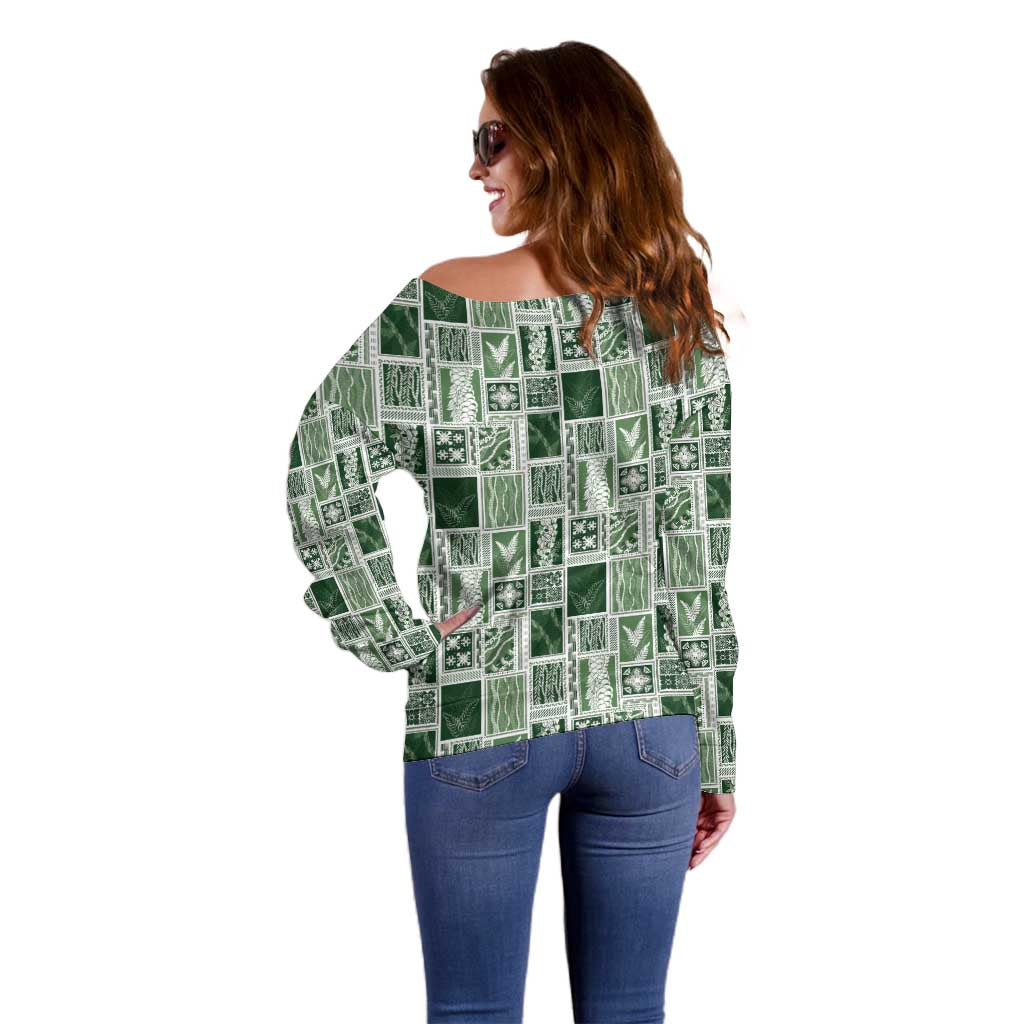 Vintage Aloha Block Quilt Off Shoulder Sweater Green Inspired Lei Motifs LT9 - Polynesian Pride