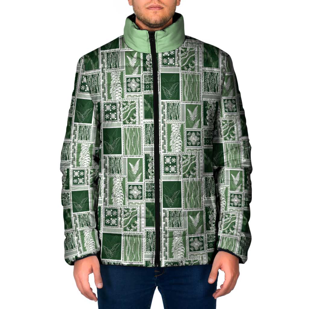 Vintage Aloha Block Quilt Padded Jacket Green Inspired Lei Motifs LT9 Men Green - Polynesian Pride