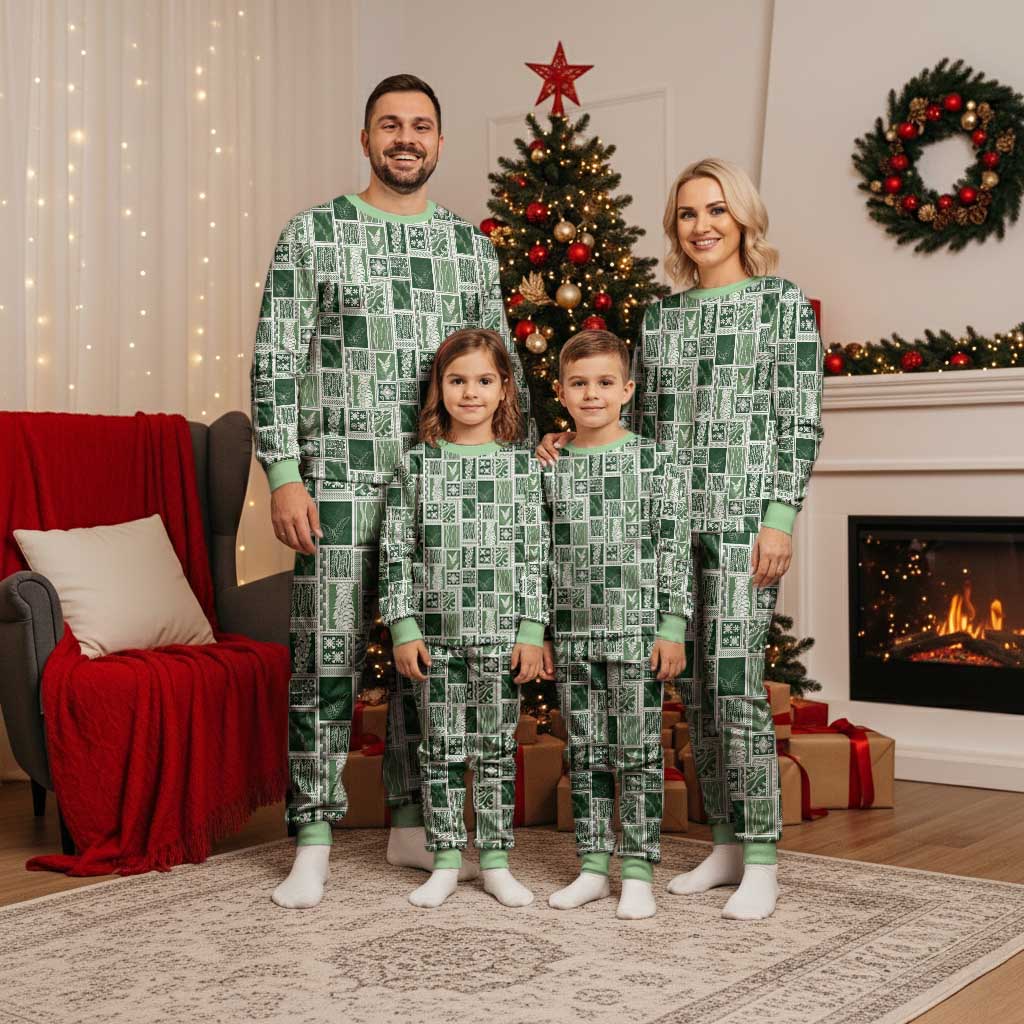 Vintage Aloha Block Quilt Christmas Pajama Set Green Inspired Lei Motifs - Polynesian Pride