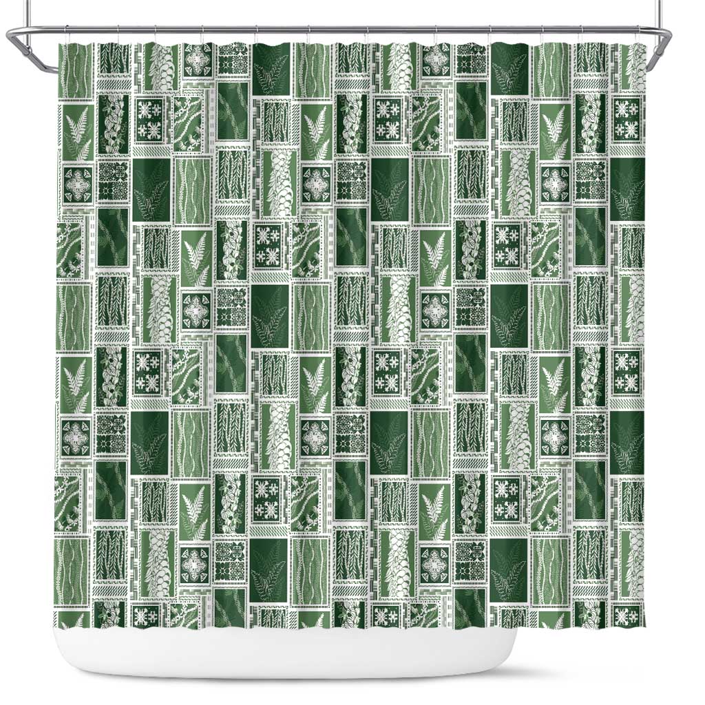 Vintage Aloha Block Quilt Shower Curtain Green Inspired Lei Motifs - Polynesian Pride