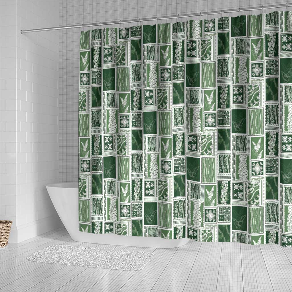 Vintage Aloha Block Quilt Shower Curtain Green Inspired Lei Motifs - Polynesian Pride
