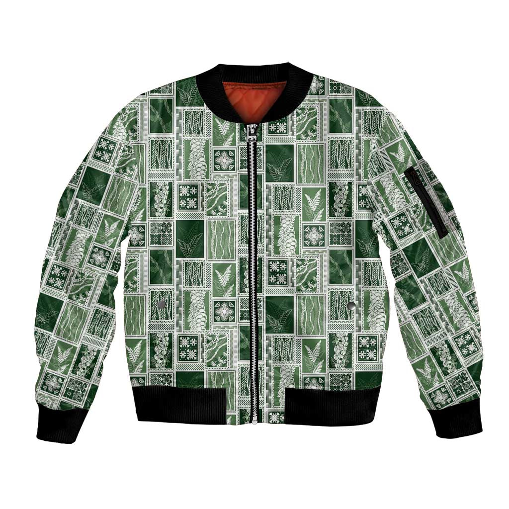 Vintage Aloha Block Quilt Sleeve Zip Bomber Jacket Green Inspired Lei Motifs LT9 Unisex Green - Polynesian Pride