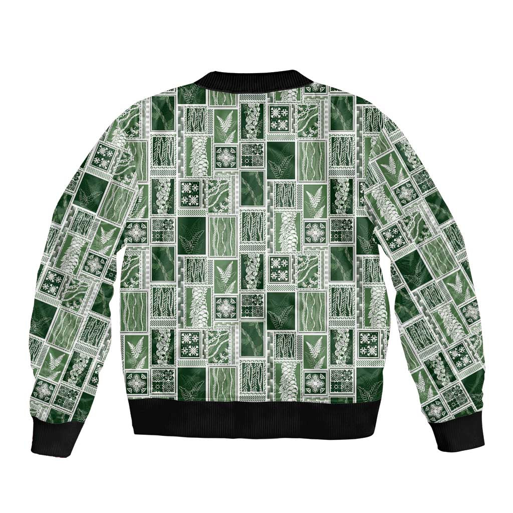 Vintage Aloha Block Quilt Sleeve Zip Bomber Jacket Green Inspired Lei Motifs - Polynesian Pride