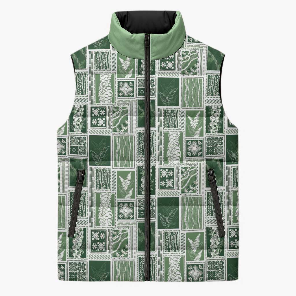 Vintage Aloha Block Quilt Sleeveless Puffer Jacket Green Inspired Lei Motifs LT9 Unisex Green - Polynesian Pride