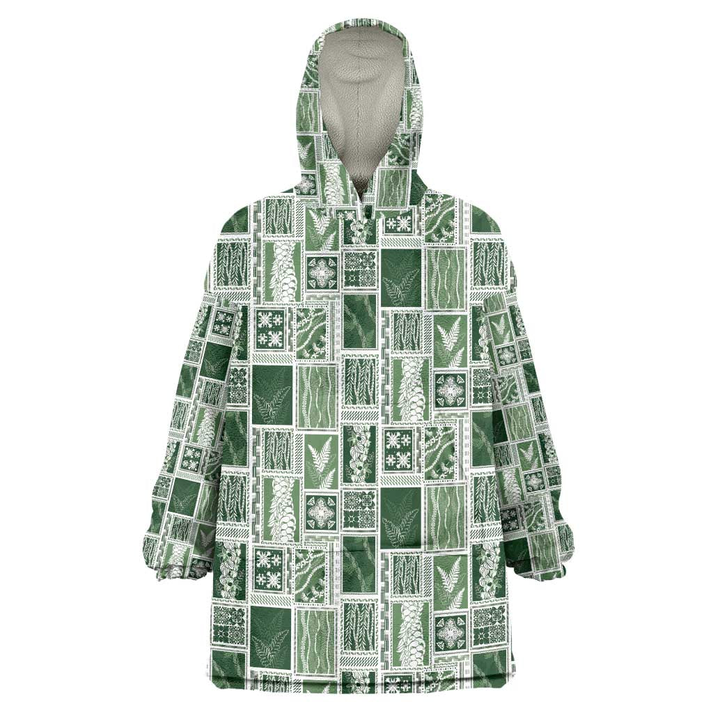 Vintage Aloha Block Quilt Wearable Blanket Hoodie Green Inspired Lei Motifs - Polynesian Pride