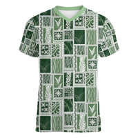 Vintage Aloha Block Quilt Women V-Neck T-Shirt Green Inspired Lei Motifs - Polynesian Pride