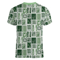 Vintage Aloha Block Quilt Women V-Neck T-Shirt Green Inspired Lei Motifs - Polynesian Pride