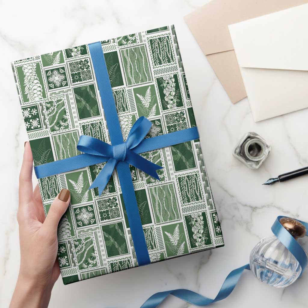 Vintage Aloha Block Quilt Wrapping Paper Green Inspired Lei Motifs LT9 - Polynesian Pride