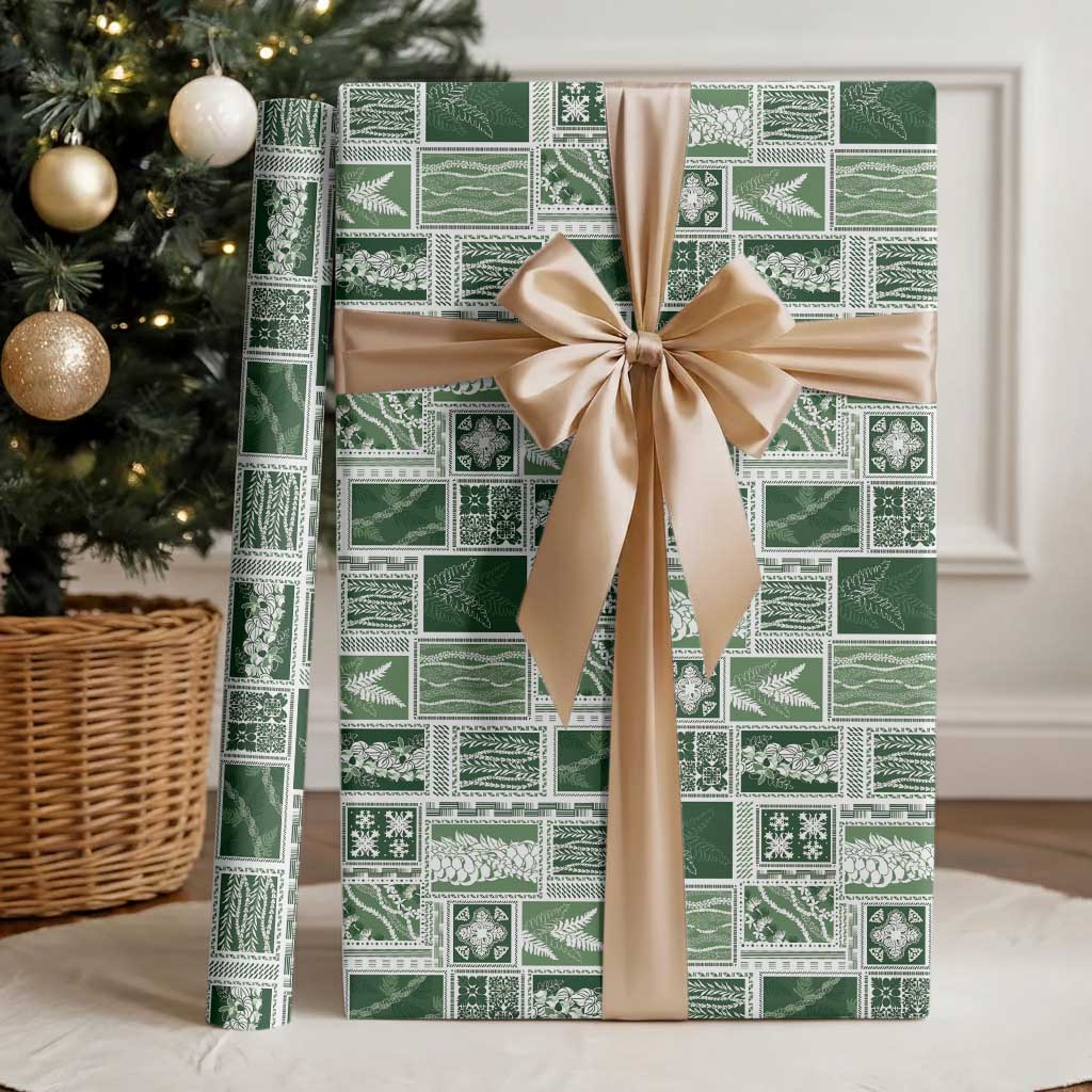 Vintage Aloha Block Quilt Wrapping Paper Green Inspired Lei Motifs LT9 - Polynesian Pride