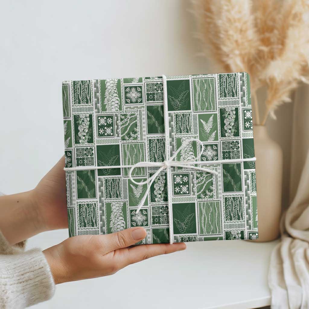 Vintage Aloha Block Quilt Wrapping Paper Green Inspired Lei Motifs LT9 - Polynesian Pride