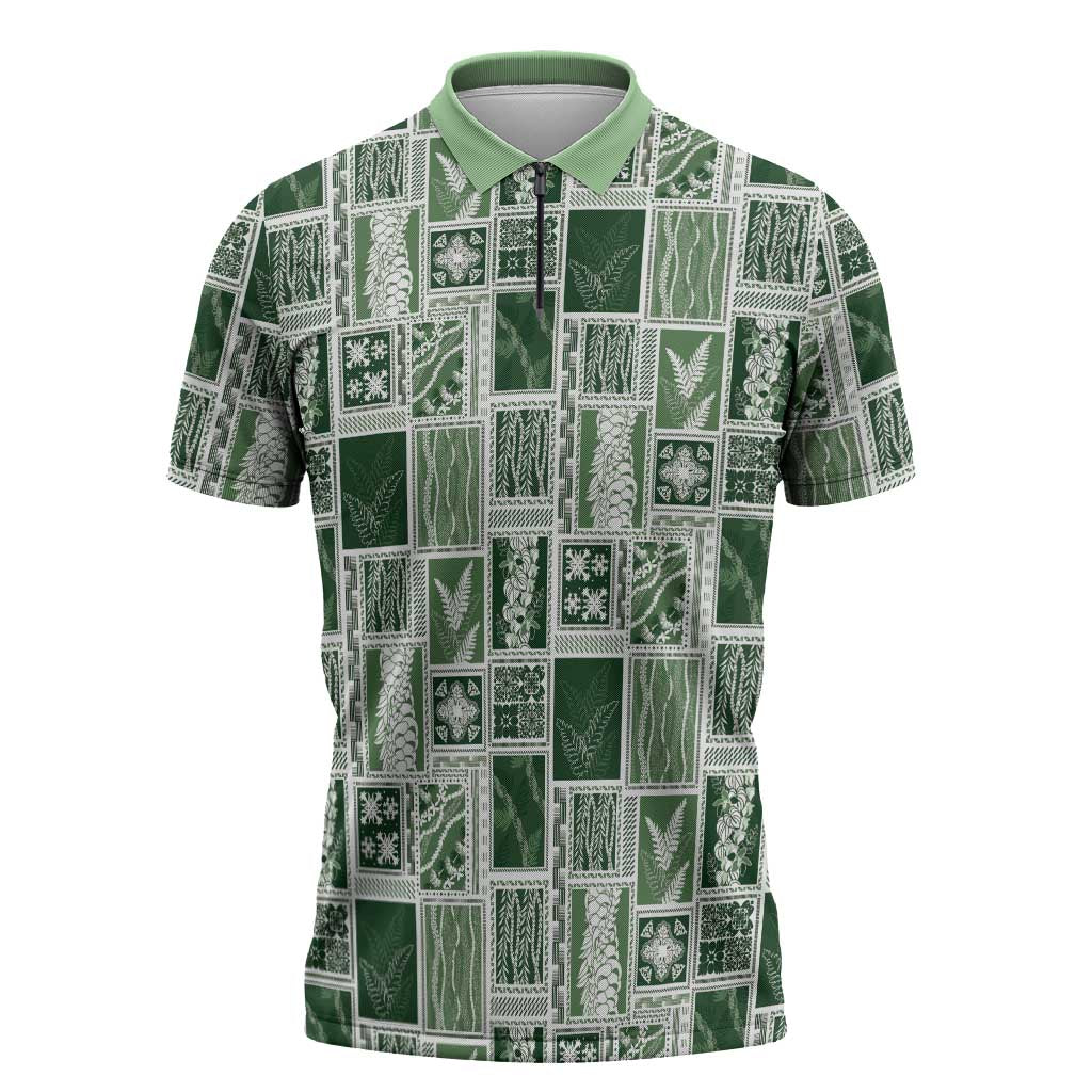 Vintage Aloha Block Quilt Zipper Polo Shirt Green Inspired Lei Motifs - Polynesian Pride