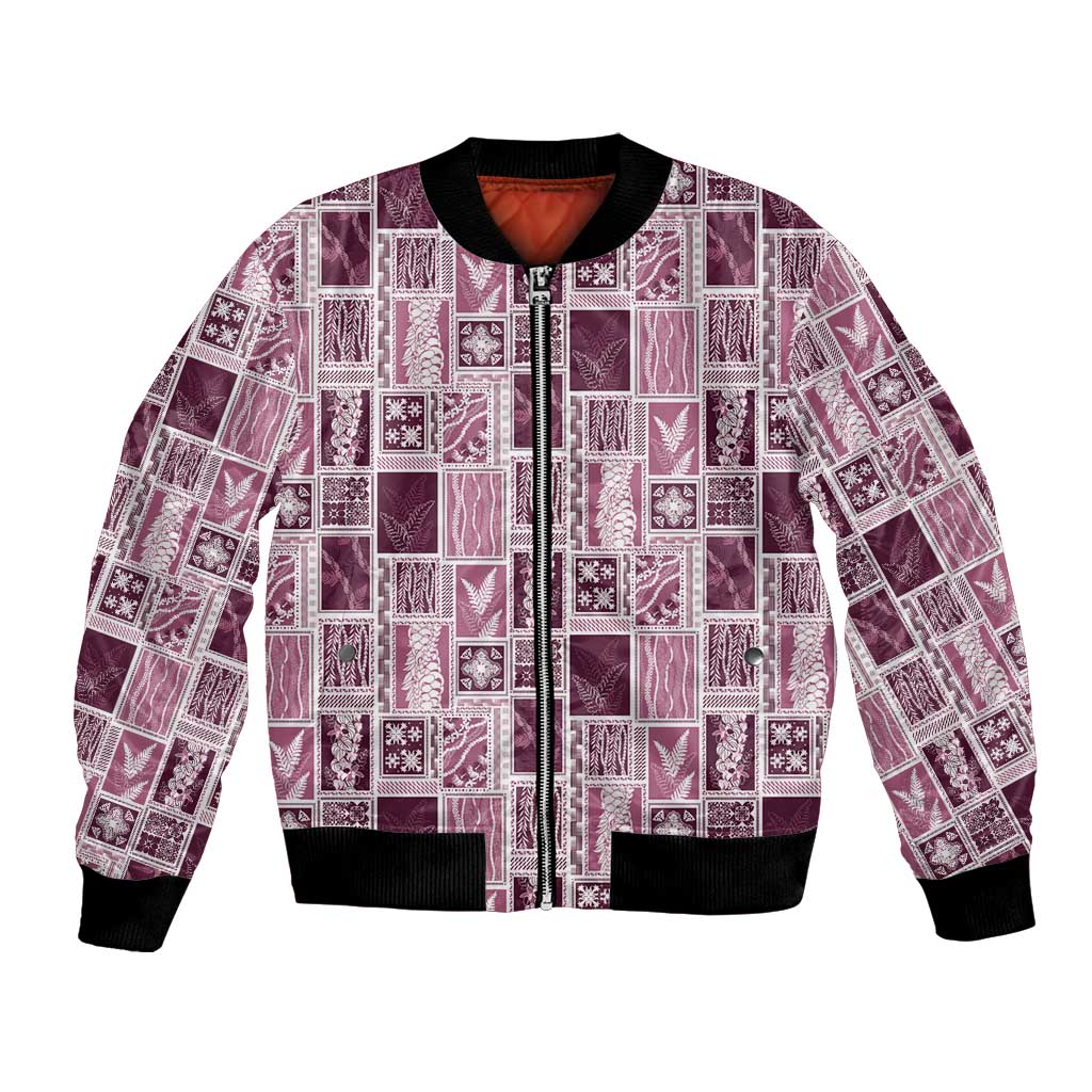 Vintage Aloha Block Quilt Bomber Jacket Pink Inspired Lei Motifs LT9 Unisex Pink - Polynesian Pride