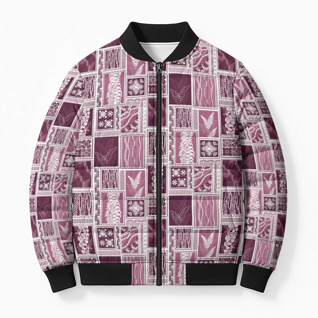 Vintage Aloha Block Quilt Bomber Puffer Jacket Pink Inspired Lei Motifs - Polynesian Pride