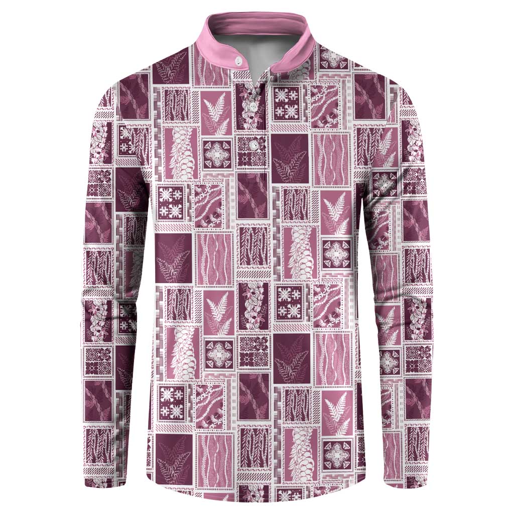 Vintage Aloha Block Quilt Button Sweatshirt Pink Inspired Lei Motifs LT9 Pink - Polynesian Pride