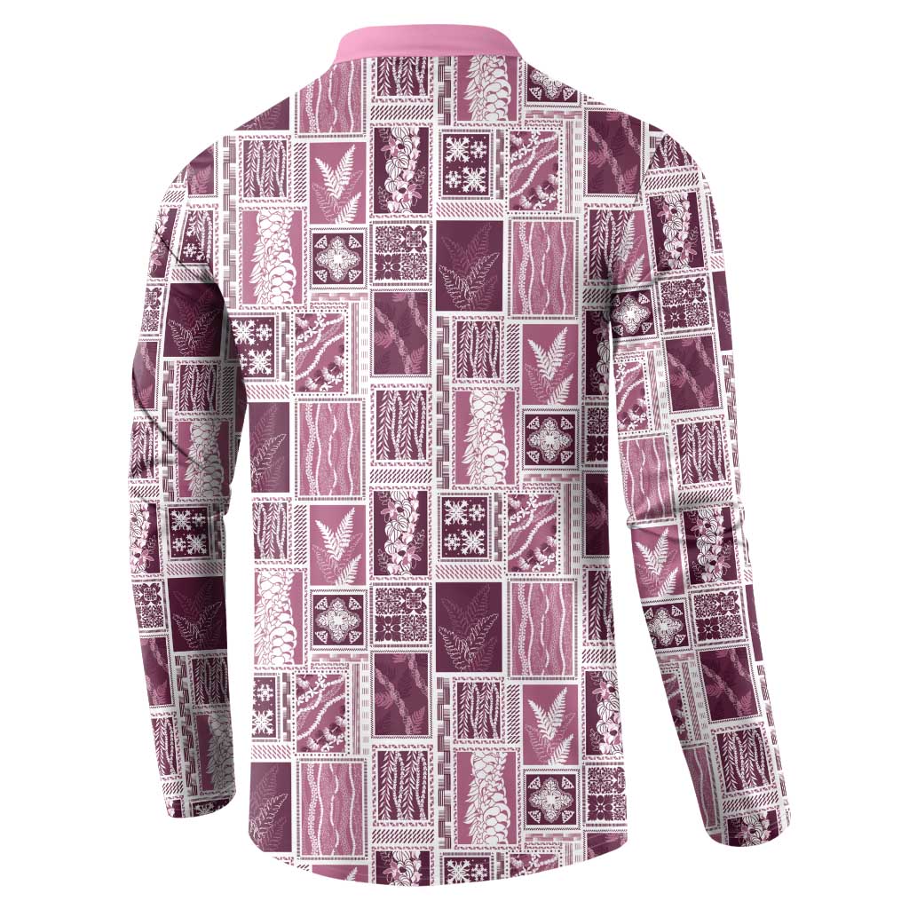Vintage Aloha Block Quilt Button Sweatshirt Pink Inspired Lei Motifs LT9 - Polynesian Pride