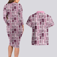 Vintage Aloha Block Quilt Couples Matching Long Sleeve Bodycon Dress and Hawaiian Shirt Pink Inspired Lei Motifs - Polynesian Pride