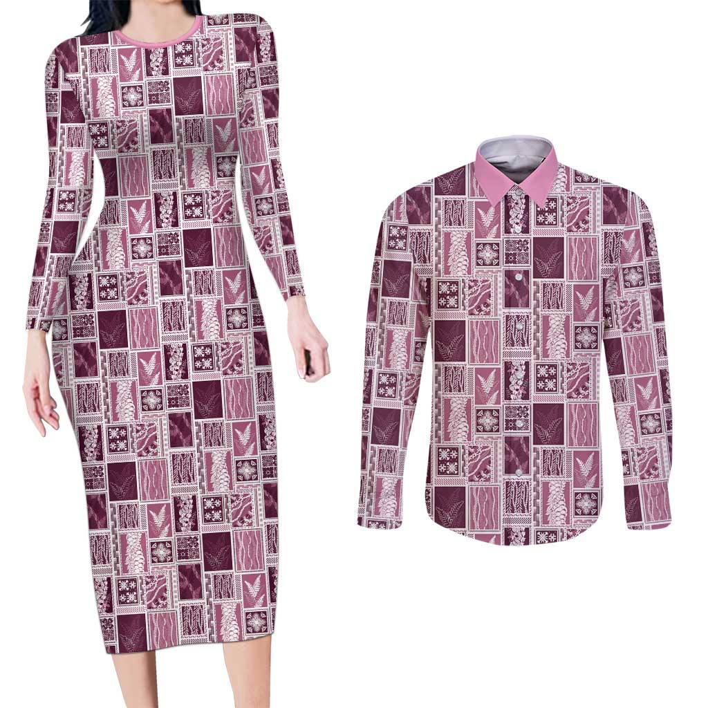 Vintage Aloha Block Quilt Couples Matching Long Sleeve Bodycon Dress and Long Sleeve Button Shirt Pink Inspired Lei Motifs - Polynesian Pride