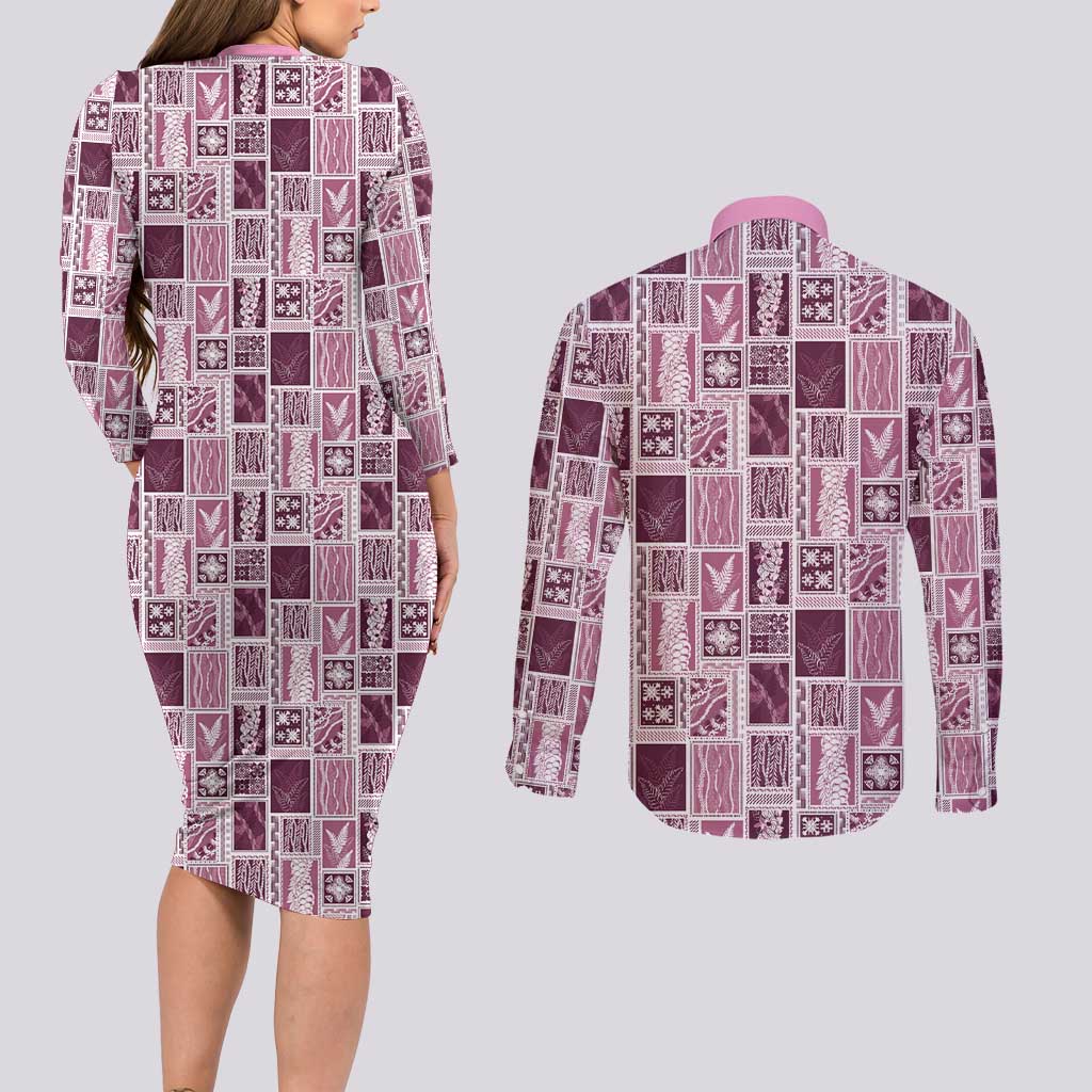 Vintage Aloha Block Quilt Couples Matching Long Sleeve Bodycon Dress and Long Sleeve Button Shirt Pink Inspired Lei Motifs - Polynesian Pride