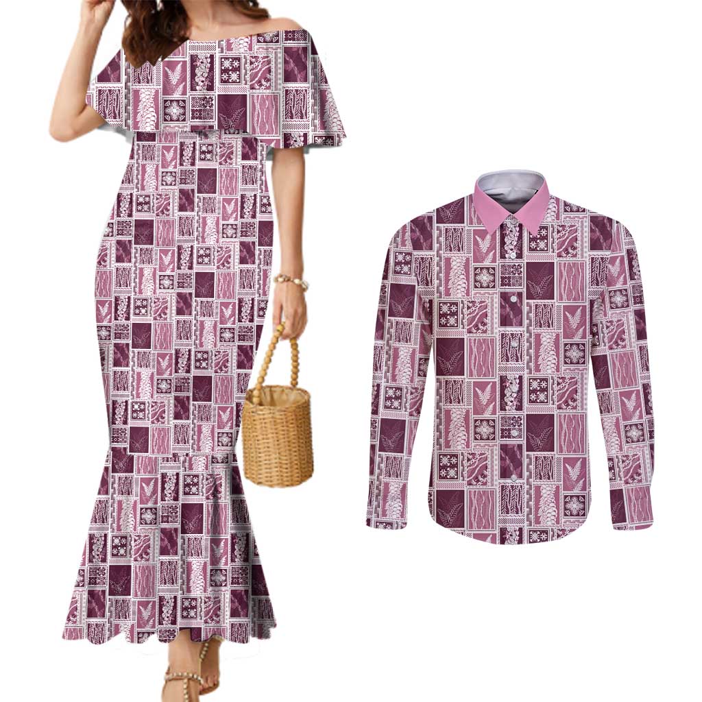 Vintage Aloha Block Quilt Couples Matching Mermaid Dress and Long Sleeve Button Shirt Pink Inspired Lei Motifs - Polynesian Pride