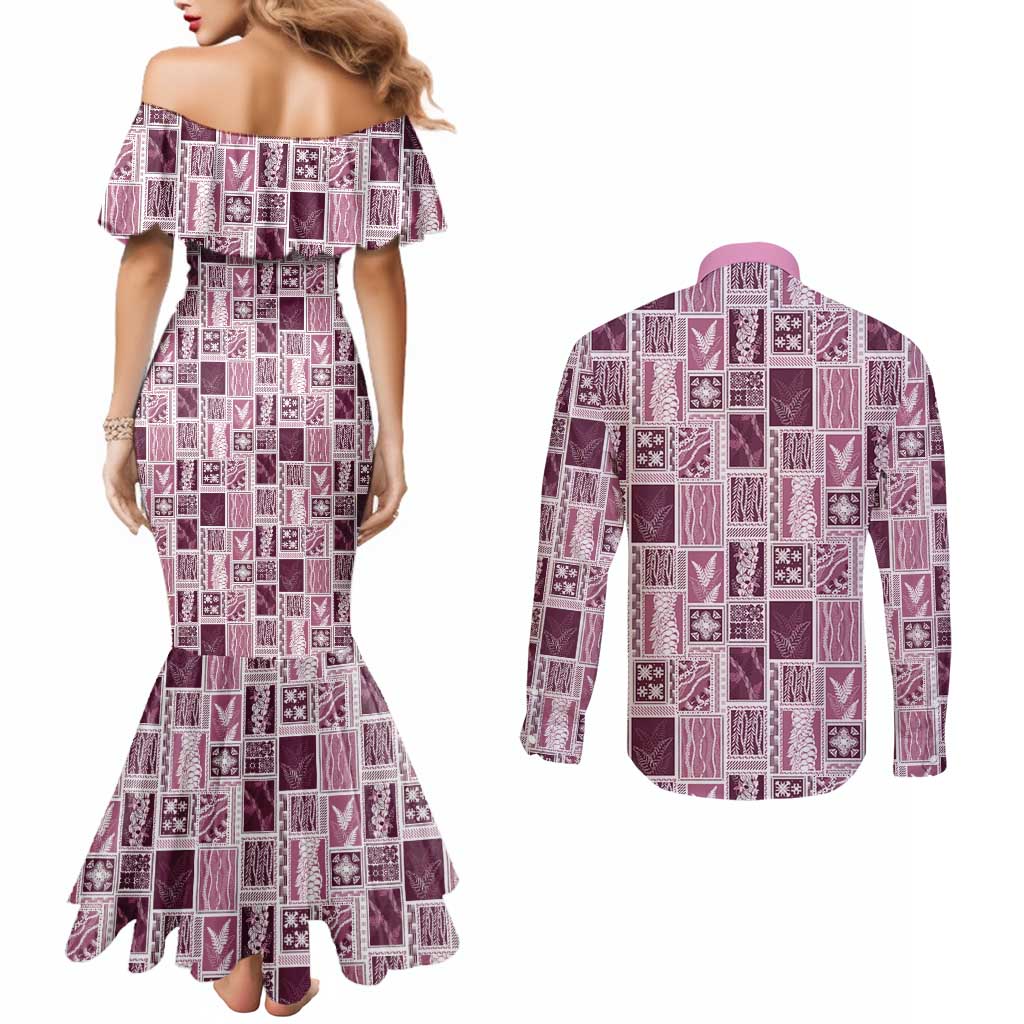 Vintage Aloha Block Quilt Couples Matching Mermaid Dress and Long Sleeve Button Shirt Pink Inspired Lei Motifs - Polynesian Pride