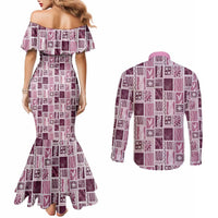 Vintage Aloha Block Quilt Couples Matching Mermaid Dress and Long Sleeve Button Shirt Pink Inspired Lei Motifs - Polynesian Pride