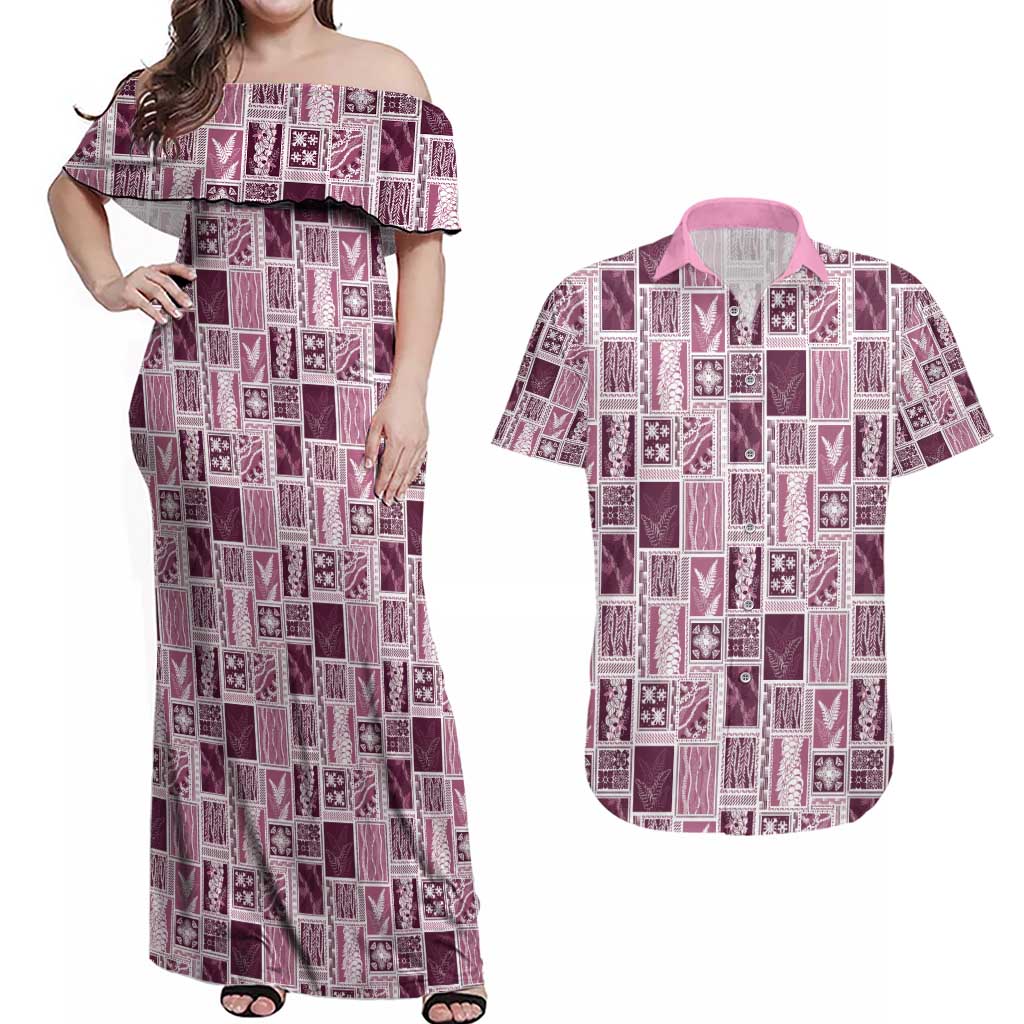 Vintage Aloha Block Quilt Couples Matching Off Shoulder Maxi Dress and Hawaiian Shirt Pink Inspired Lei Motifs - Polynesian Pride