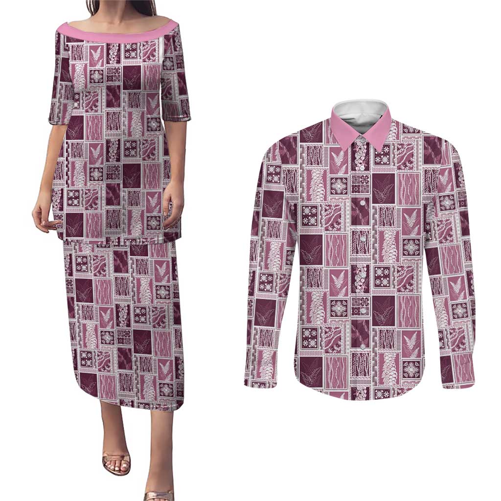Vintage Aloha Block Quilt Couples Matching Puletasi and Long Sleeve Button Shirt Pink Inspired Lei Motifs LT9 Pink - Polynesian Pride