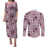 Vintage Aloha Block Quilt Couples Matching Puletasi and Long Sleeve Button Shirt Pink Inspired Lei Motifs LT9 Pink - Polynesian Pride